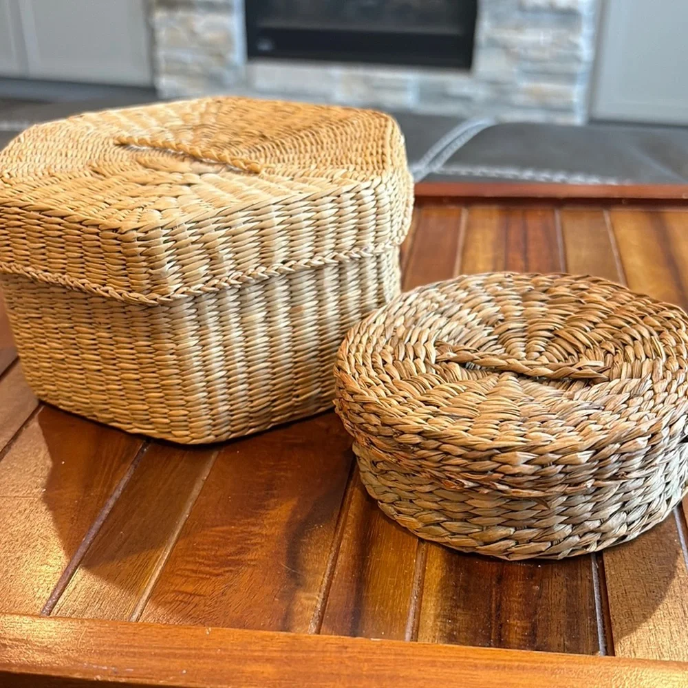Vintage Sweetgrass Hexagon and Round Woven Basket Set